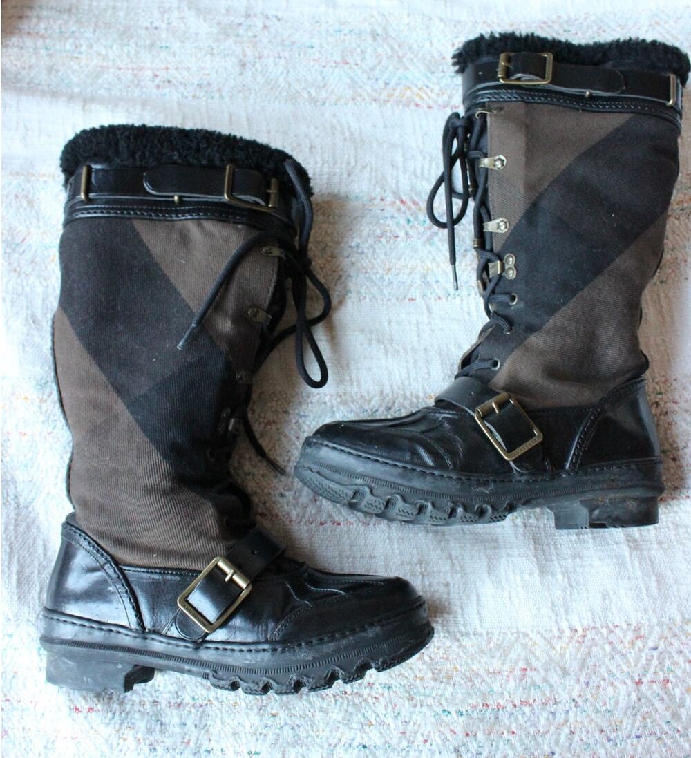 Burberry Brown Nova Check Snow Rain Shearling Lined Duck Boots Size 36